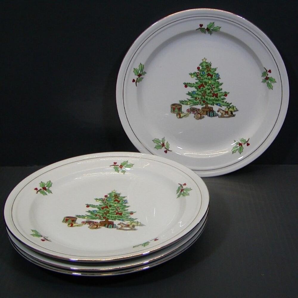 Holiday Hostess Porcelain Gold Trim 10.5” Dinner Plates Christmas Tree Set of 4